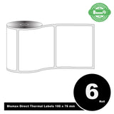 6 Rolls Blumax Direct Thermal (Zebra) 100mm x 76mm 500L White labels