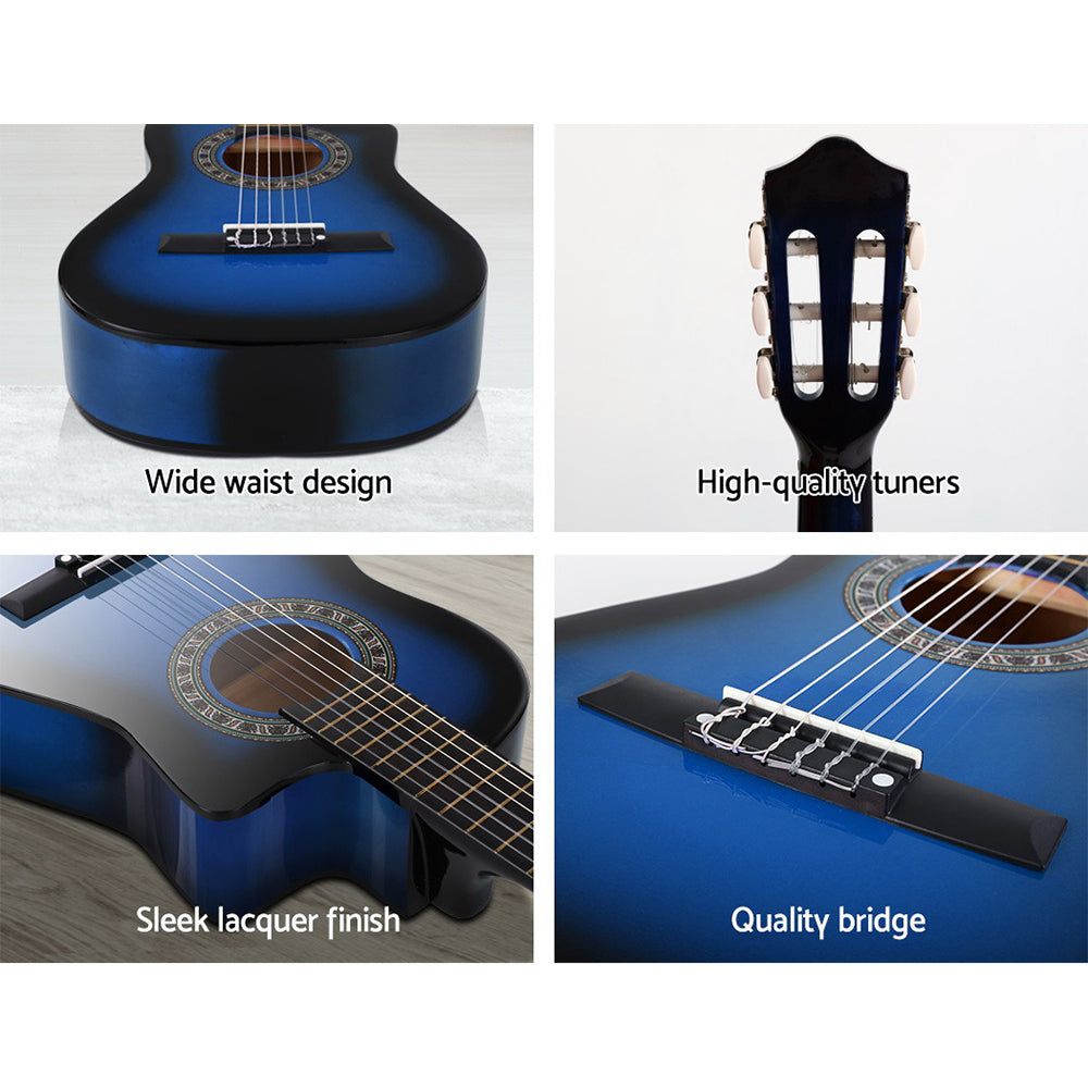 Alpha 34" Inch Guitar Classical Acoustic Cutaway Wooden Ideal Kids Gift Children 1/2 Size Blue with Capo Tuner