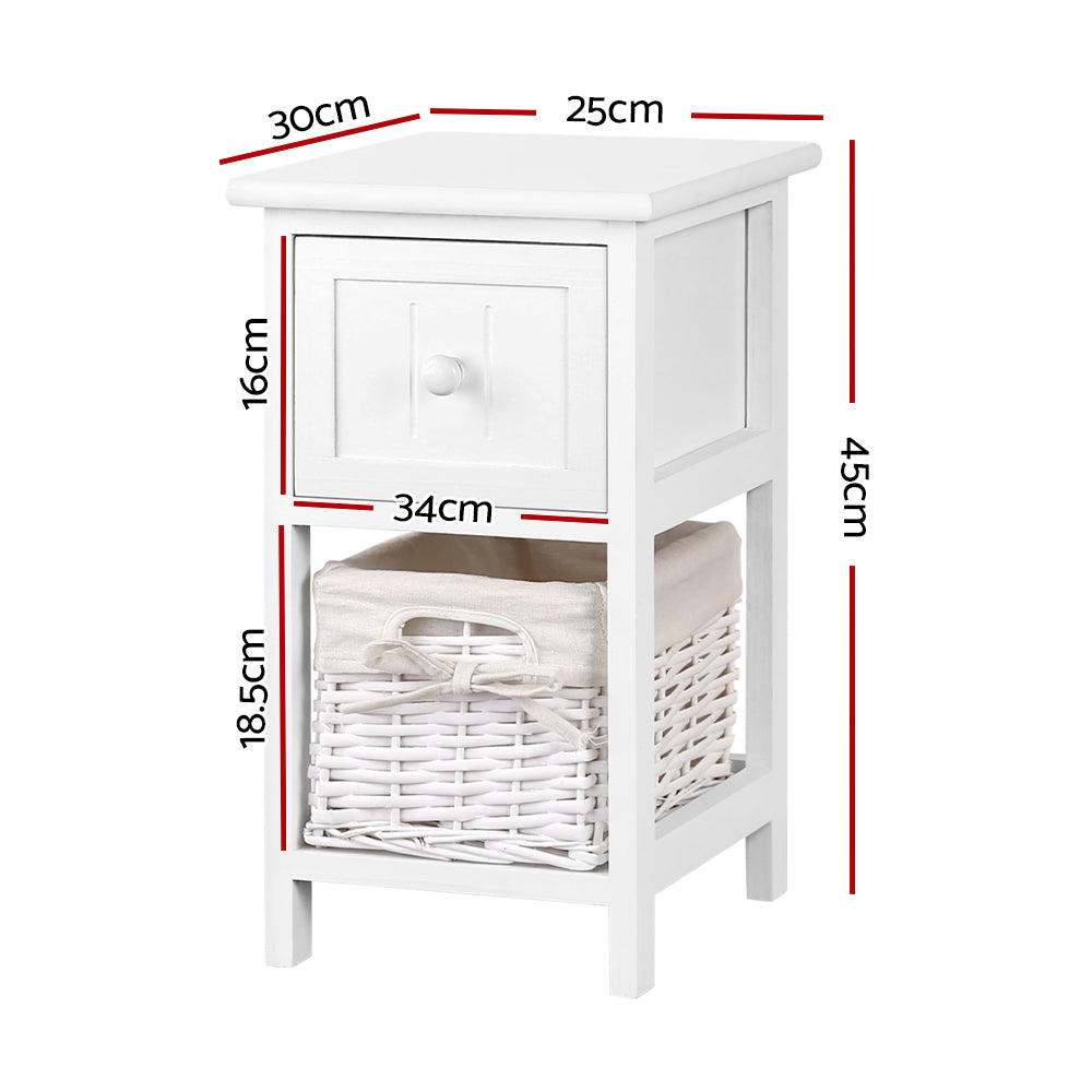 Artiss Bedside Table 1 Drawer with Basket Rustic White X2