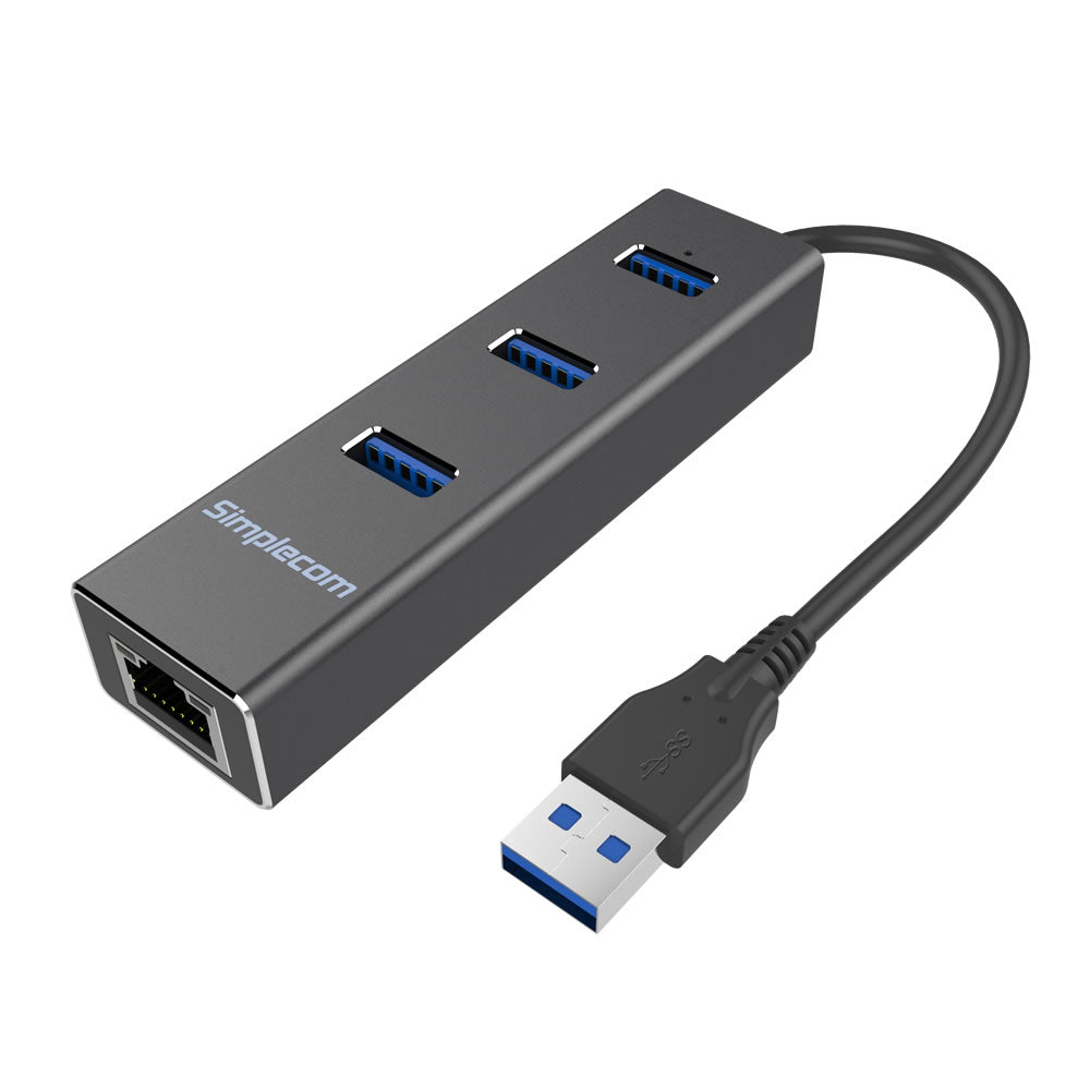 Simplecom CHN410 Aluminium 3 Port USB 3.0 HUB with Gigabit Ethernet Adapter 1000Mbps Black