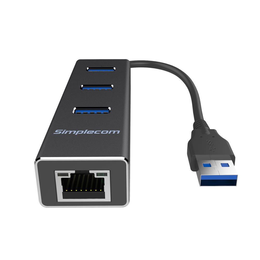 Simplecom CHN410 Aluminium 3 Port USB 3.0 HUB with Gigabit Ethernet Adapter 1000Mbps Black