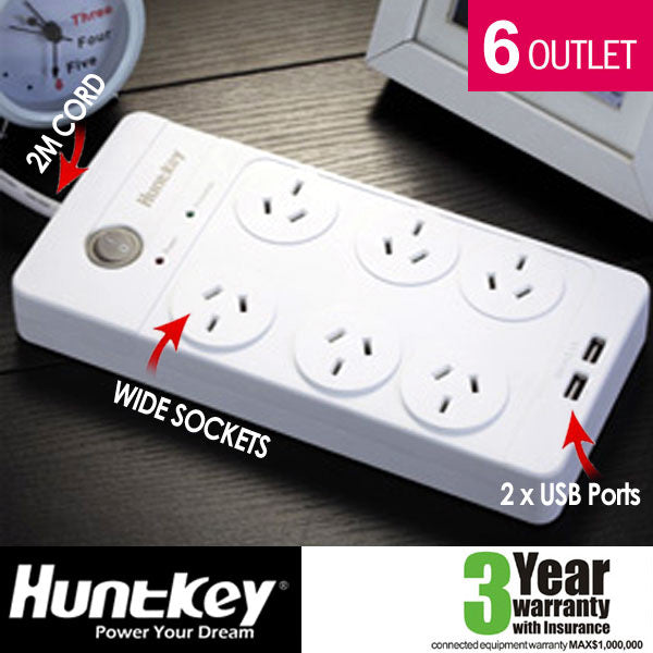 Huntkey Power Board (SAC604) with 6 sockets and 2 USB ports  ---RRP$79.95