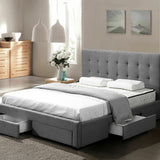 Levede Bed Frame Double King Fabric With Drawers Storage Wooden Mattress Grey