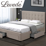 Levede Bed Frame King Fabric With Drawers Storage Beige